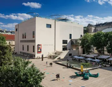 Leopold Museum with a large open courtyard and visitors walking around.