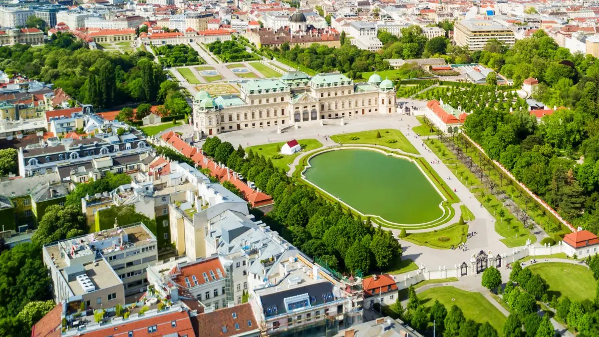 A top view of Belvedere Palace with gardens and a pond.