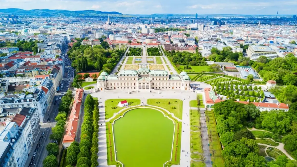 The drone view of the Belvedere Palace on a sunny day.