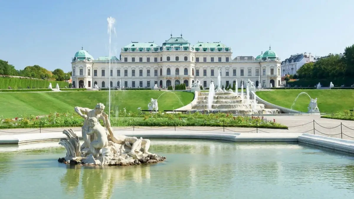 Fountains and gardens in front of Belvedere Palace on a sunny day.