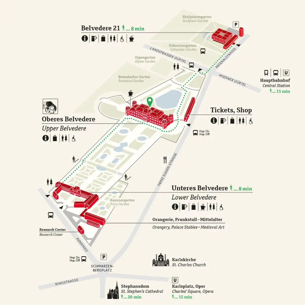 Map showing walking routes and nearby landmarks around Belvedere Palace in Vienna