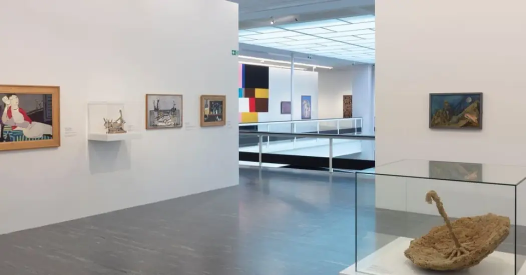 Interior view of the Belvedere 21 Museum in Vienna showing modern artworks.