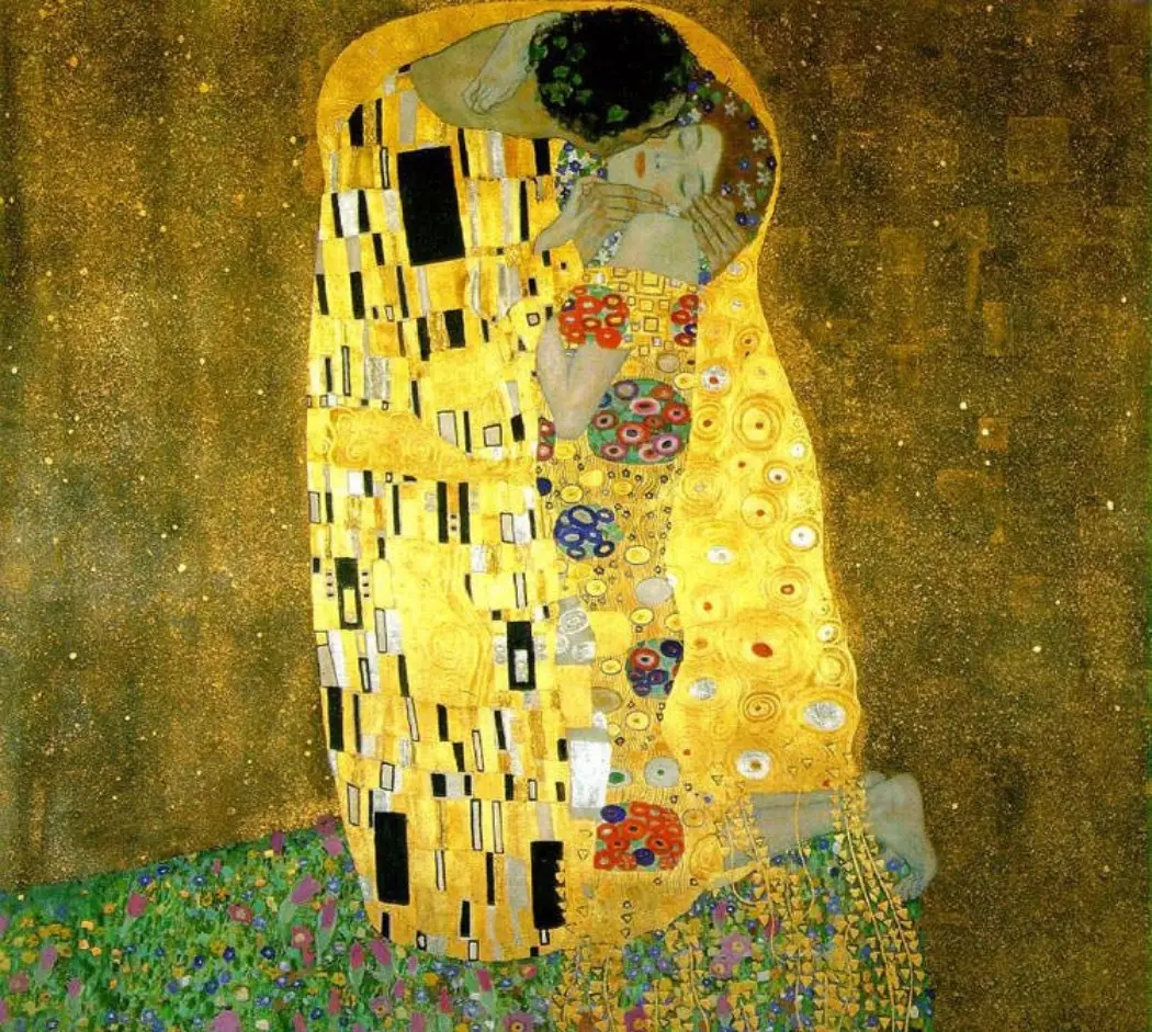 Gustav Klimt’s famous painting The Kiss, showing a couple embracing in a golden, patterned robe. Gustav Klimt’s famous painting The Kiss, showing a couple embracing in a golden, patterned robe.