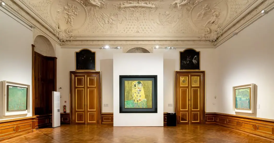 Gustav Klimt's famous painting "The Kiss" on display in the Belvedere Palace.