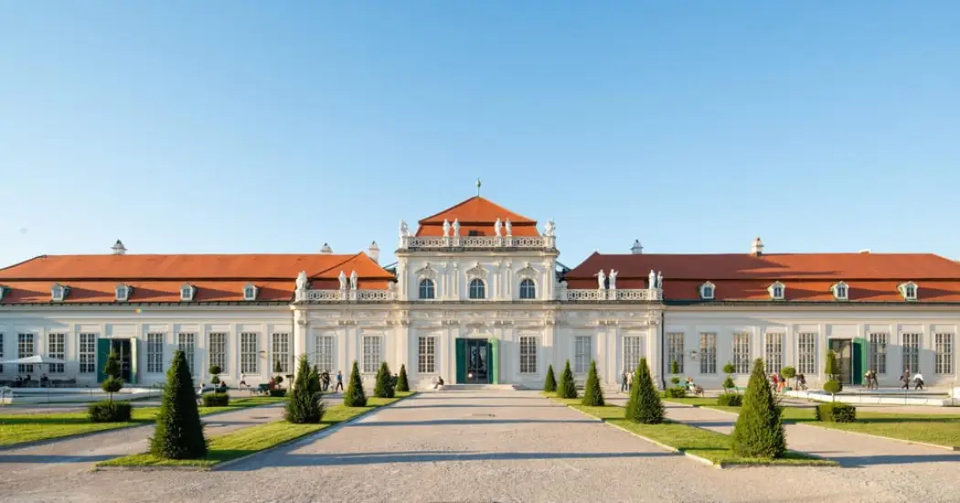 A wide-angle view of the Lower Belvedere Palace in Vienna with its red rooftops.