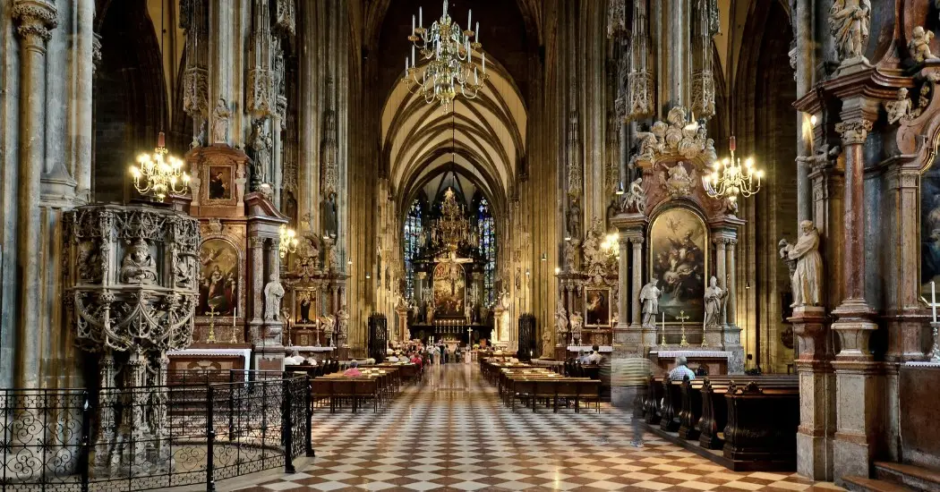 St. Stephen’s Cathedral in Vienna with its tall Gothic spire and patterned roof.