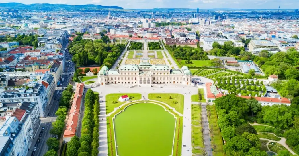 The drone view of the Belvedere Palace on a sunny day.
