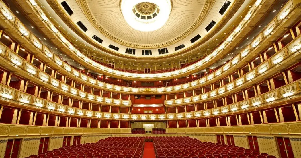The interior view of the Vienna State Opera building with ornate architecture.