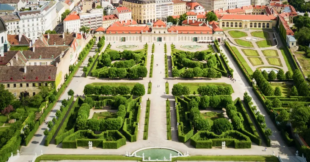 Aerial view of the Lower Belvedere, Gardens, and the Orangery.